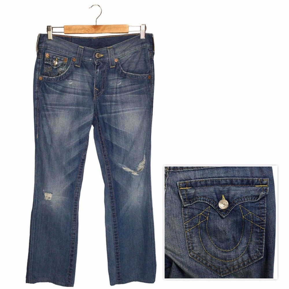 True Religion Mens Ricky Straight Leg Distressed Flap Button Pocket Blue 30